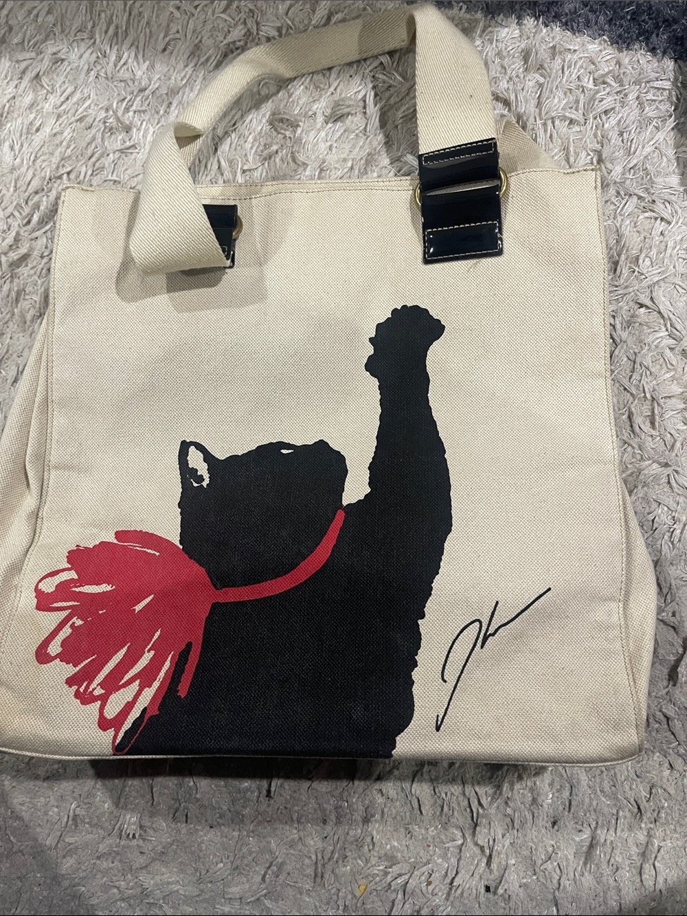 Jason Wu Cream Canvas Tote with Black Cat and Red Scarf